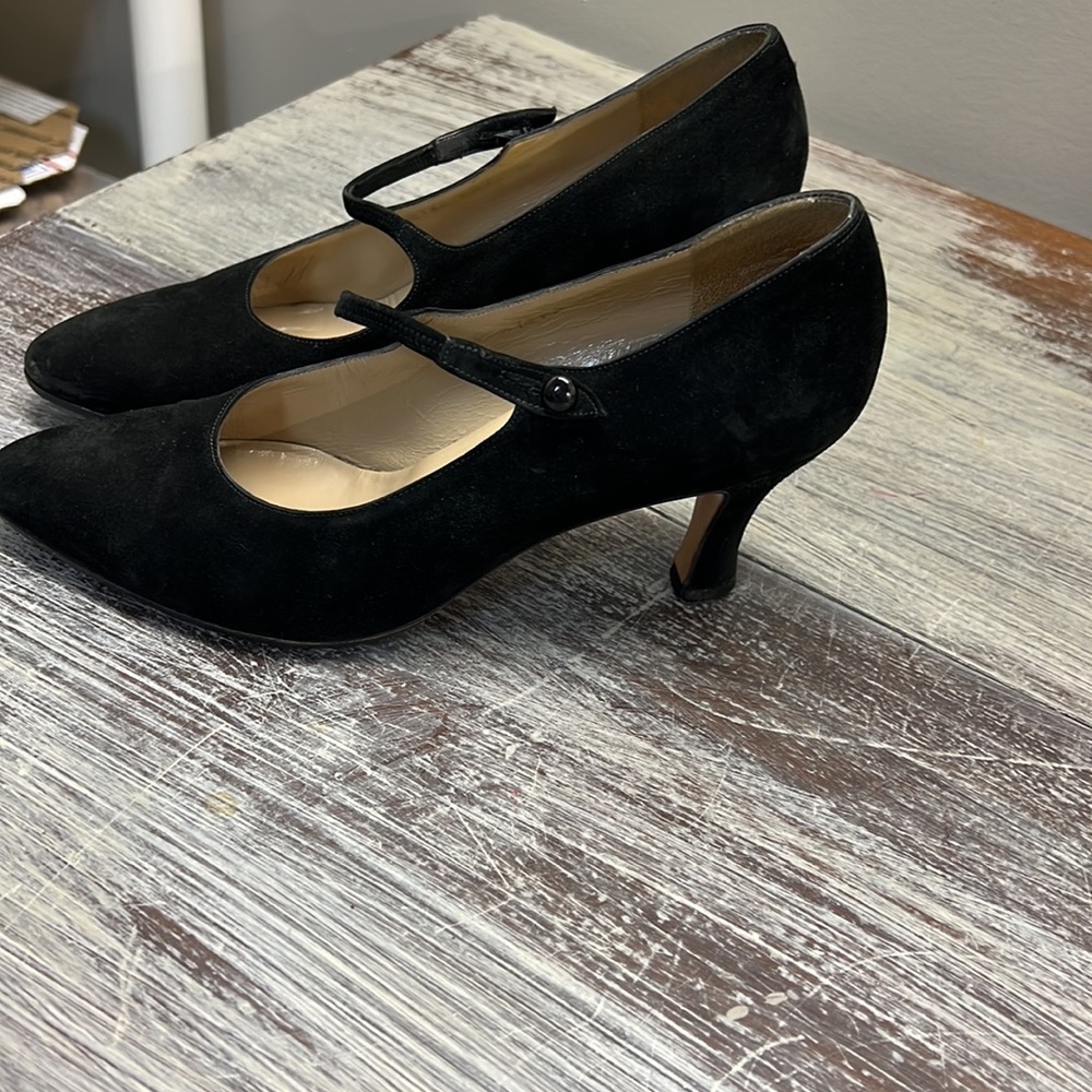 Salvatore Ferragamo black suede Mary Jane style shoe with 3”heel. Size 7